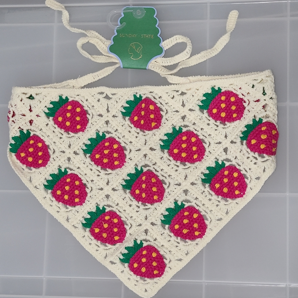 Cute Sunday State Crochet Cream Pink Strawberry Bandana Hair Scarf Headband